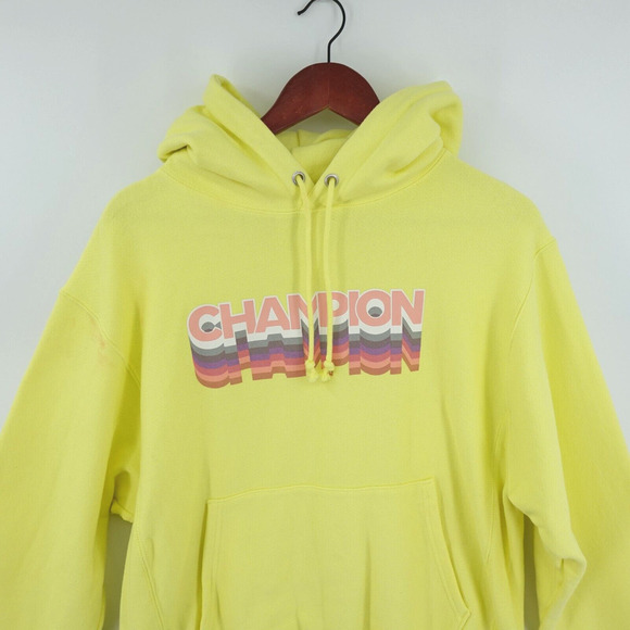 Champion Reverse Weave Hoodie Mens Medium Yellow Graphic Logo Cadmium Sporty - Picture 4 of 16